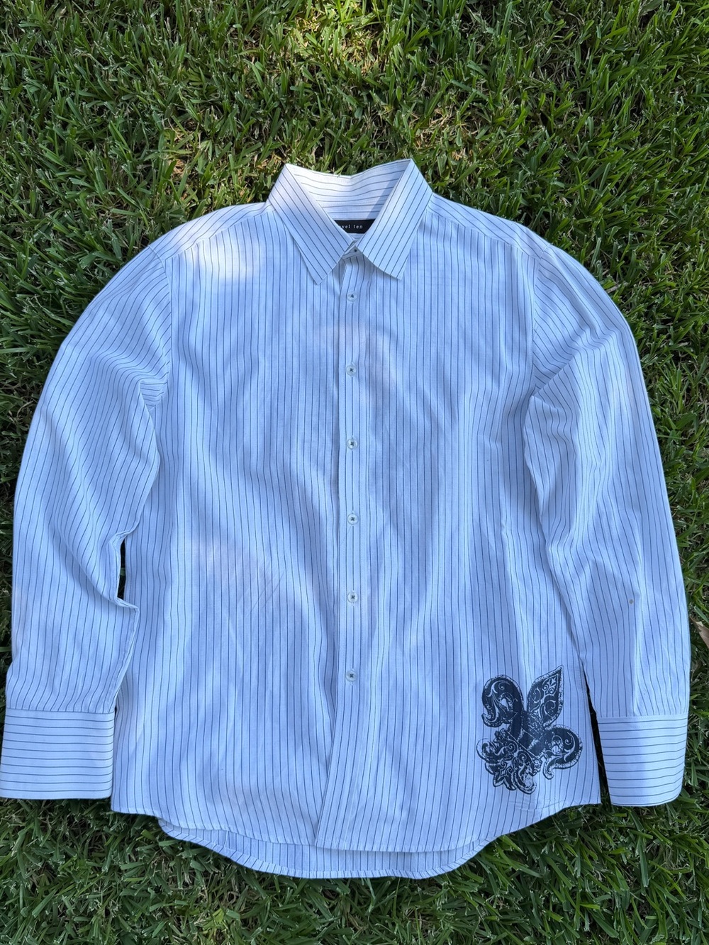 Men's Light Blue Pinstripe Dress Shirt with Embroidered Accent